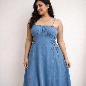 Blue Denim Lace Up Side Empire Waist Maxi Dress 1XL
